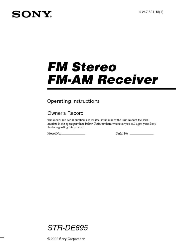 Sony STR-DE695 AV Receiver Owners Manual