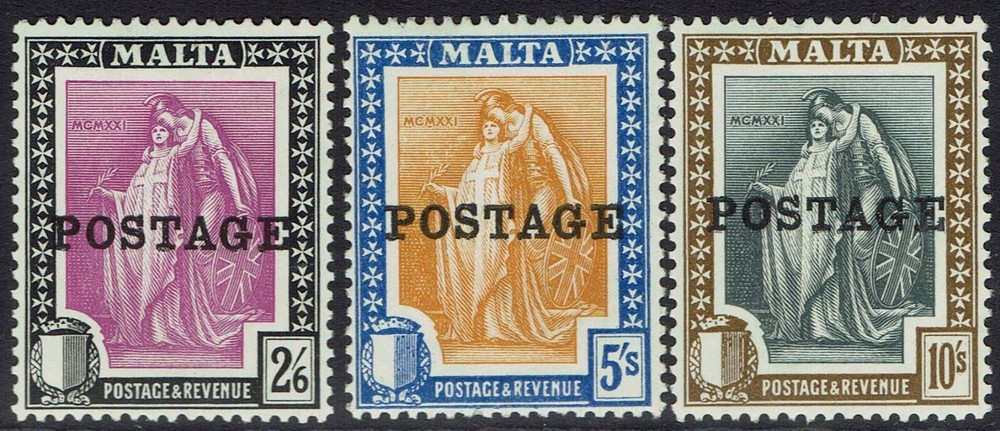 MALTA 1926 POSTAGE OVERPRINTED 'MALTA' 2/6 5/- AND 10/-