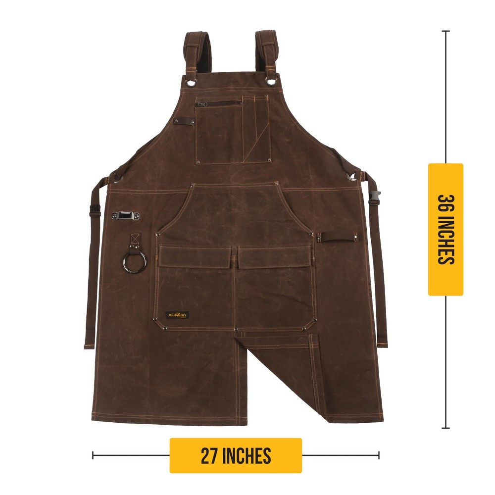 ecoZen 16oz Waxed Canvas Work Apron with Pockets - Waterproof, Fully Adjustab...