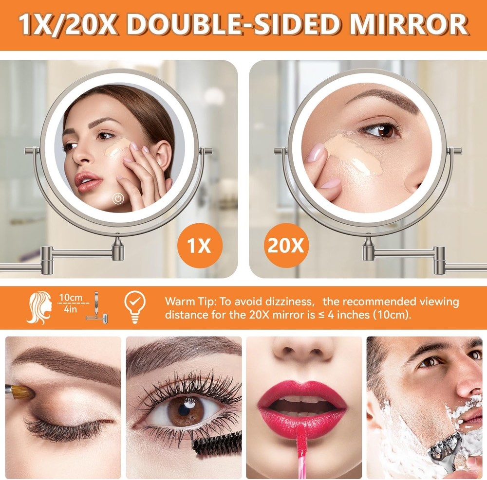 1X/20X Wall Mounted Makeup Mirror with Light 8 Double-Sided Magnifying Mirror