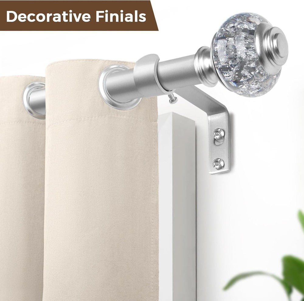 USFOOK Curtain Rod 36" to 72" Telescoping Single Rod Silver Translucent Finials