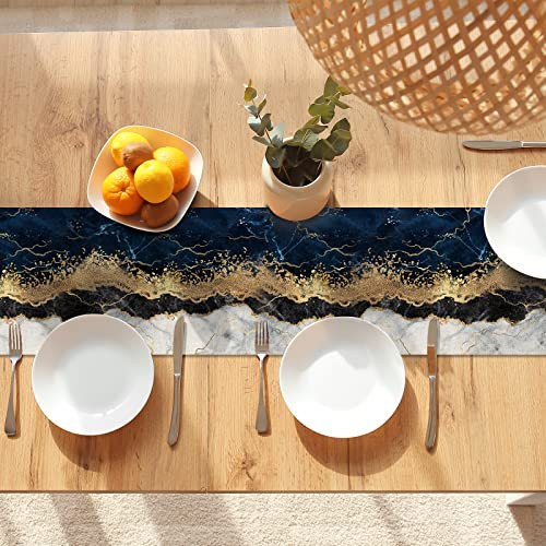 Marble Table Runner 72 Inches Long, Ink Golden Marble Texture Table Runner