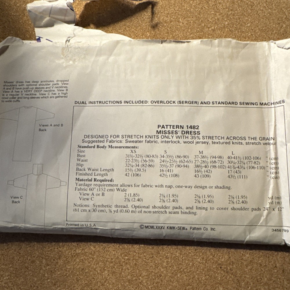 KWIK SEW Pattern 1482 XL two large stretch net only dress pattern