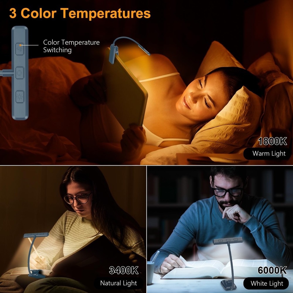 19 LED Rechargeable Book Light Memory Function 3 Color Stepless Dimming Blue Cli