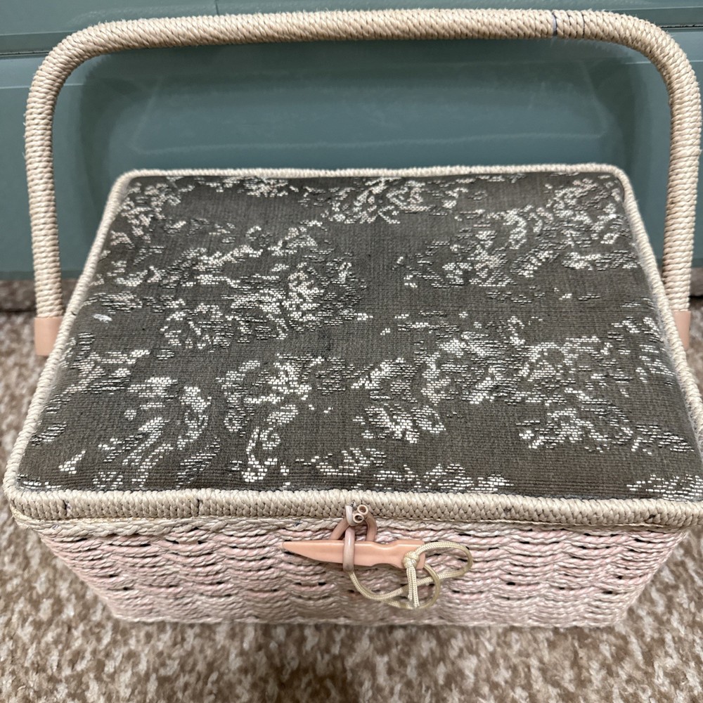 Vintage Flower Top Woven Wicker Basket Sewing Box
