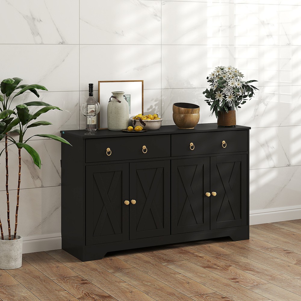 Kitchen Sideboard, Buffet Cabinet with Barn Doors, Adjustable Shelf, Black