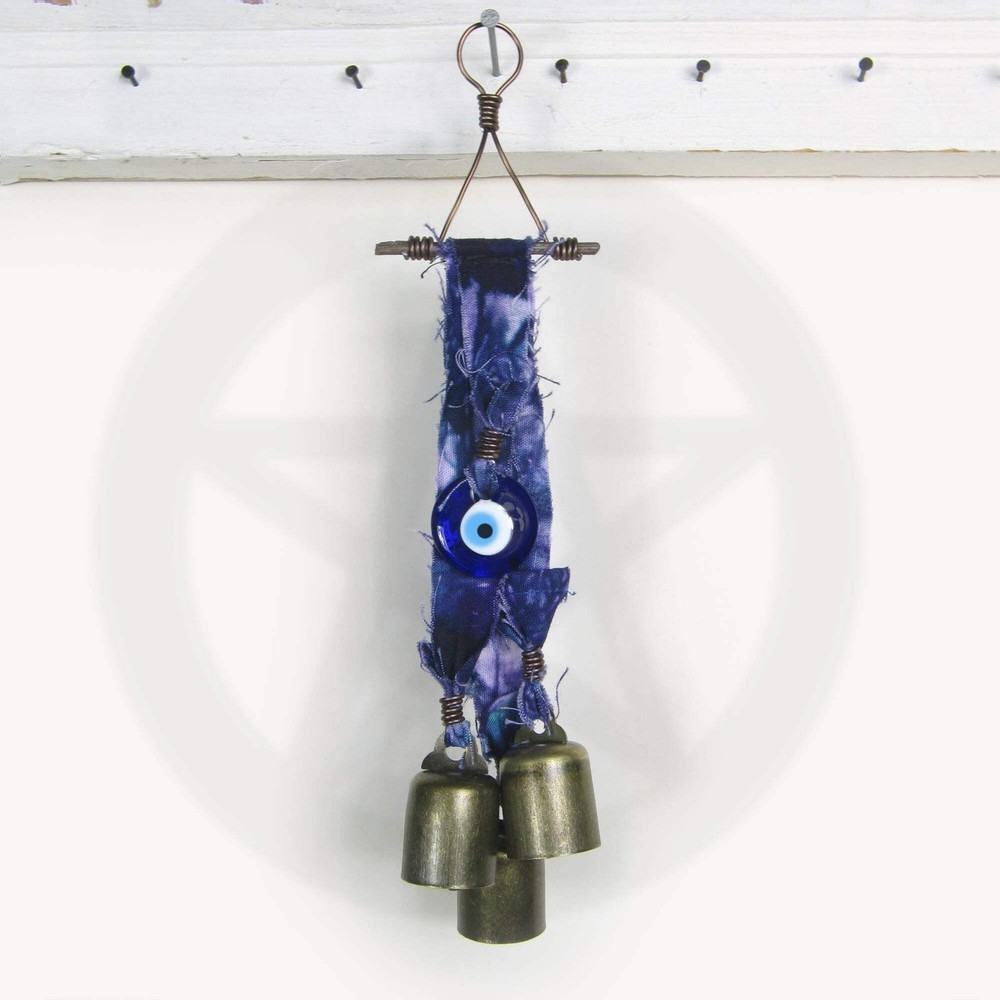 Witch's Bell: Batik Strips, Protective Evil Eye and Twig - Handcrafted
