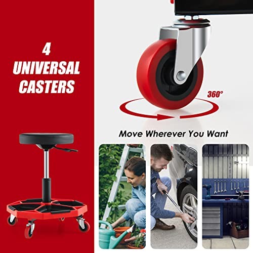 Rolling Garage Stool, 16”-22” Adjustable Mechanic Stool with Red & Black