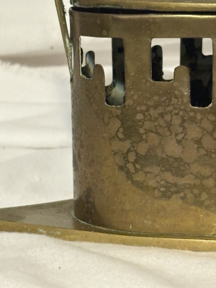 Antique Solid Brass Coal Iron Pottery Handle Dutch Delft White And Blue Handle