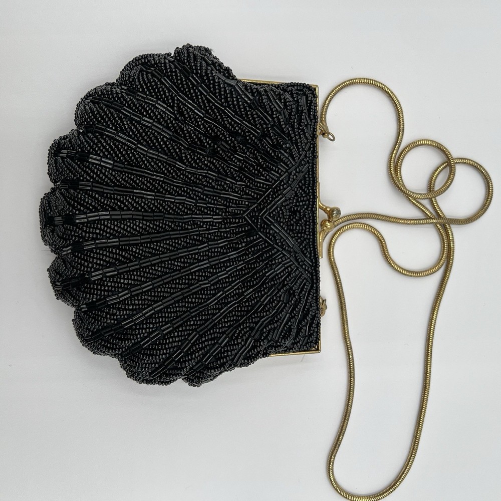 Clam Shell Black Beaded Vintage Clutch with Chain Strap