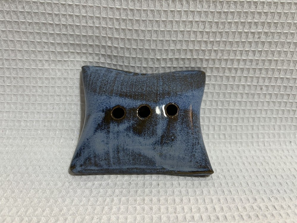 Blue/Brown Pillow Shaped 3-Hole Signed Pottery Incense Burner
