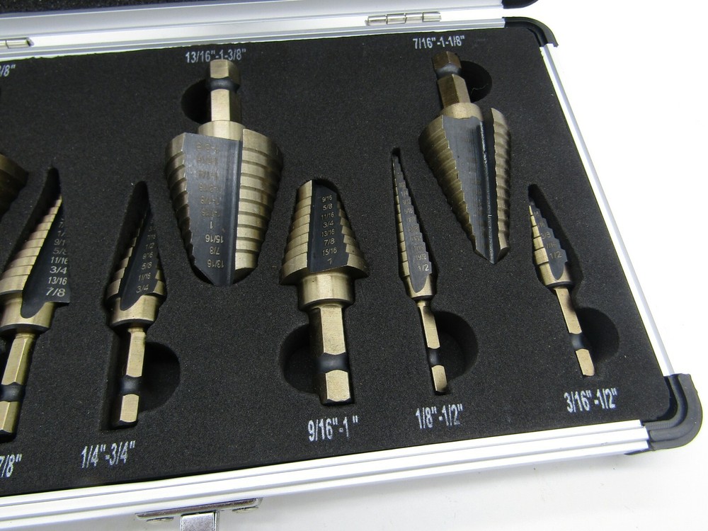 9PC STEP DRILL BIT SET QUICK RELEASE MULTIPLE HOLE W/ Aluminum Case