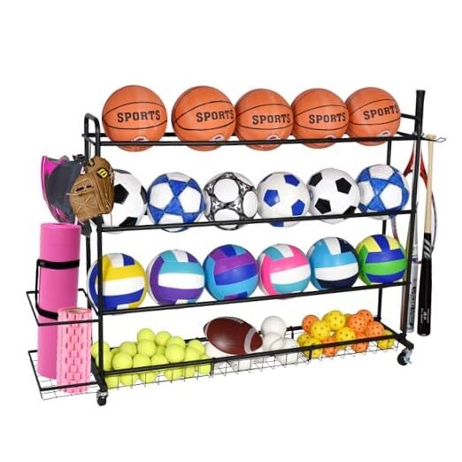 Basketball Rack, Shooting Training Rolling Ball Stand, Garage Organizer with