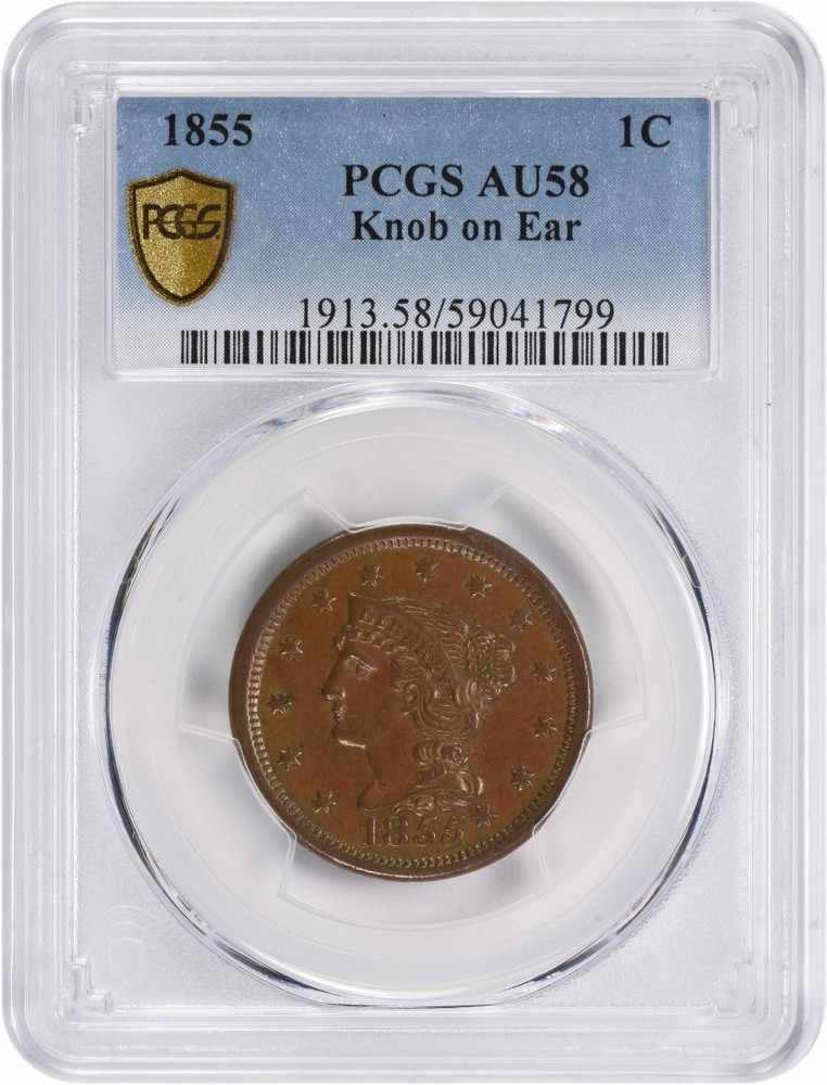 1855 Large Cent Knob on Ear AU58 PCGS