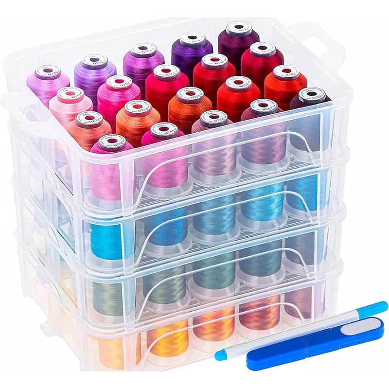 80 Spools Polyester Embroidery Thread W/ Clear Storage Box & Yarn Snips New