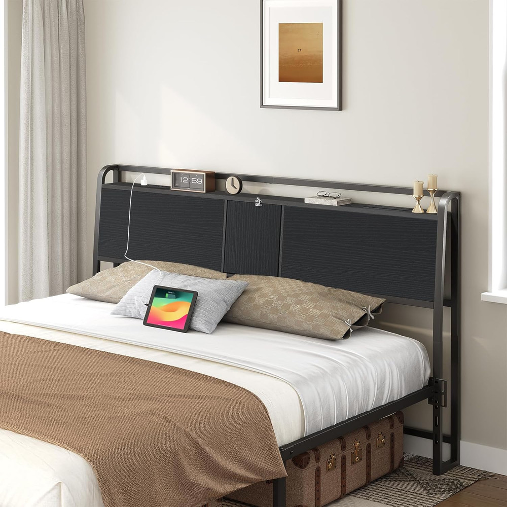 King Size Headboard with USB Ports & Outlets, Adjustable Height, Black
