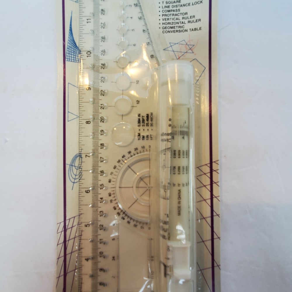Vtg Rolling Parallel Ruler 12" Protractor Compass Magnifier 12 Inches NOS