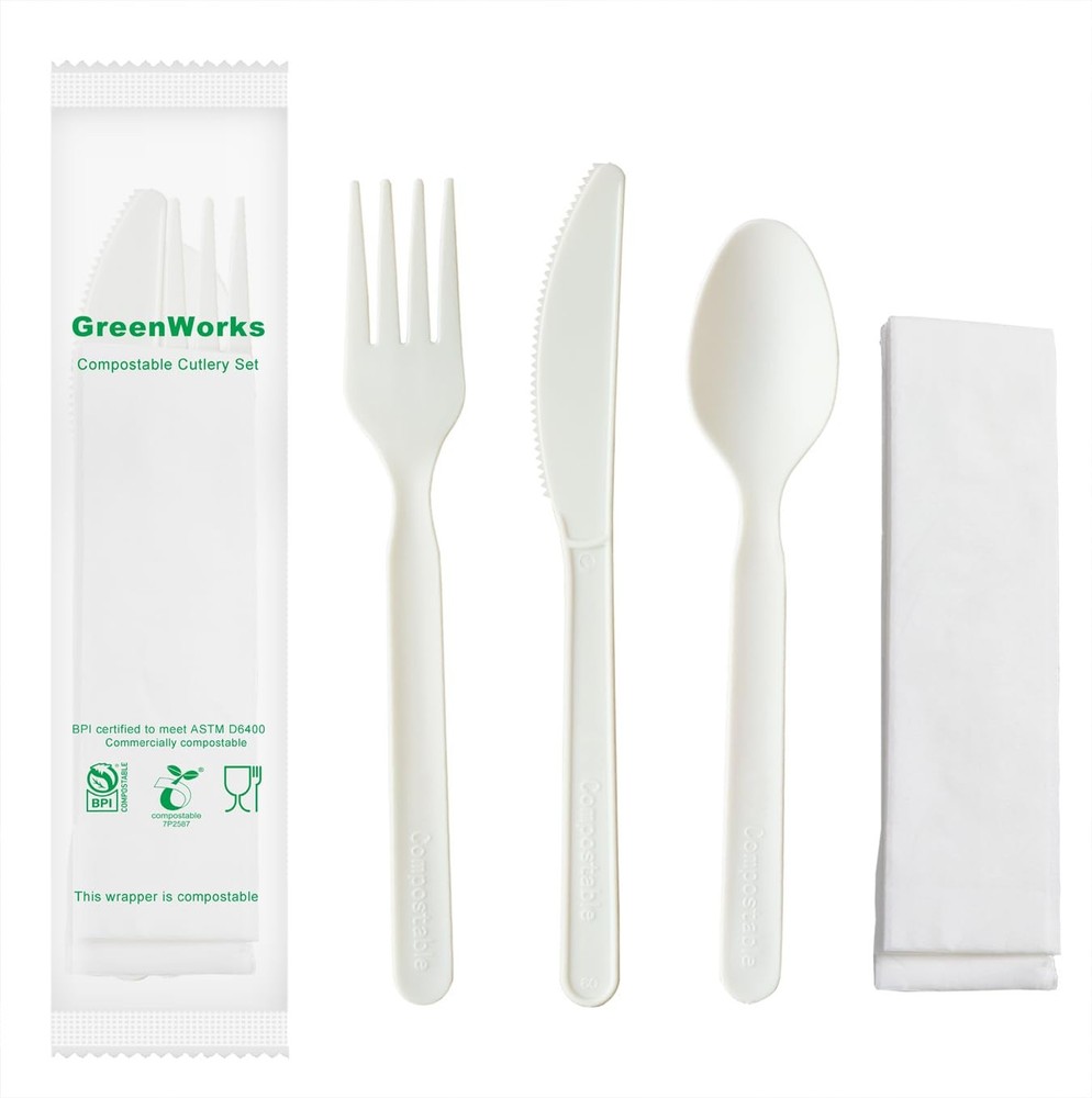 Eco Friendly Event Cutlery - 200 Compostable Utensil Sets Individually Wrapped