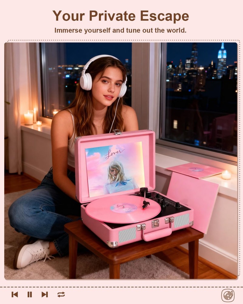 Vinyl Record Player Bluetooth 3-Speed Portable Suitcase Turntable with Built-...
