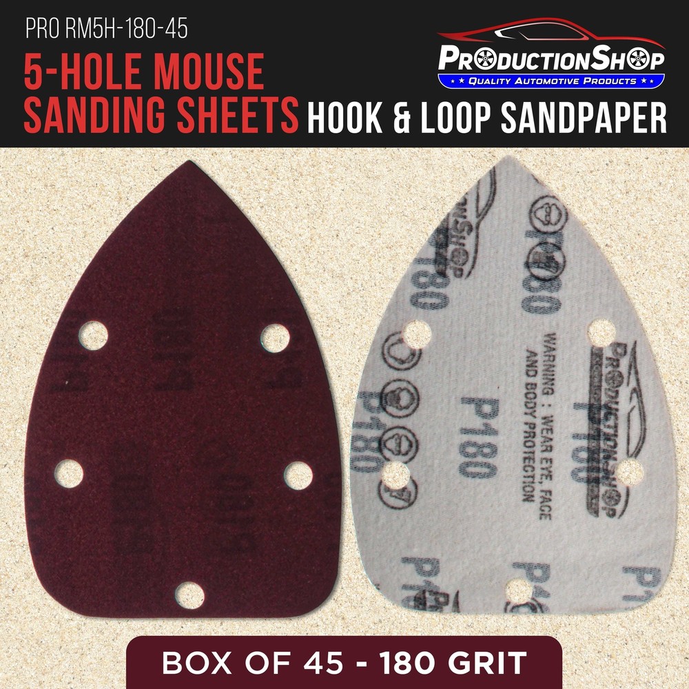180 Grit 5-Hole Pattern Hook & Loop Mouse Sander Sandpaper Sheets, Box of 45