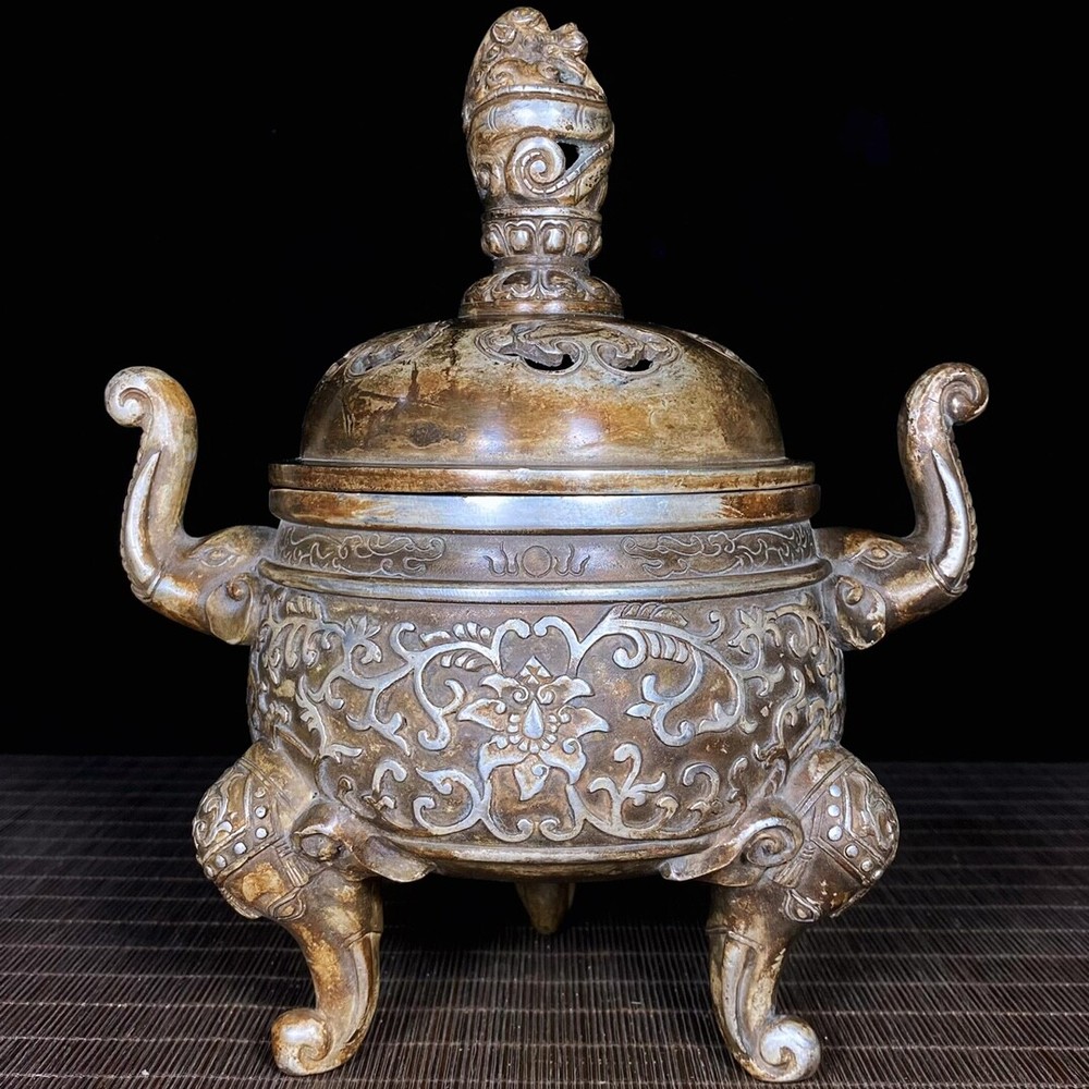 10" old China antique Sterling Silver decorative pattern Incense burner