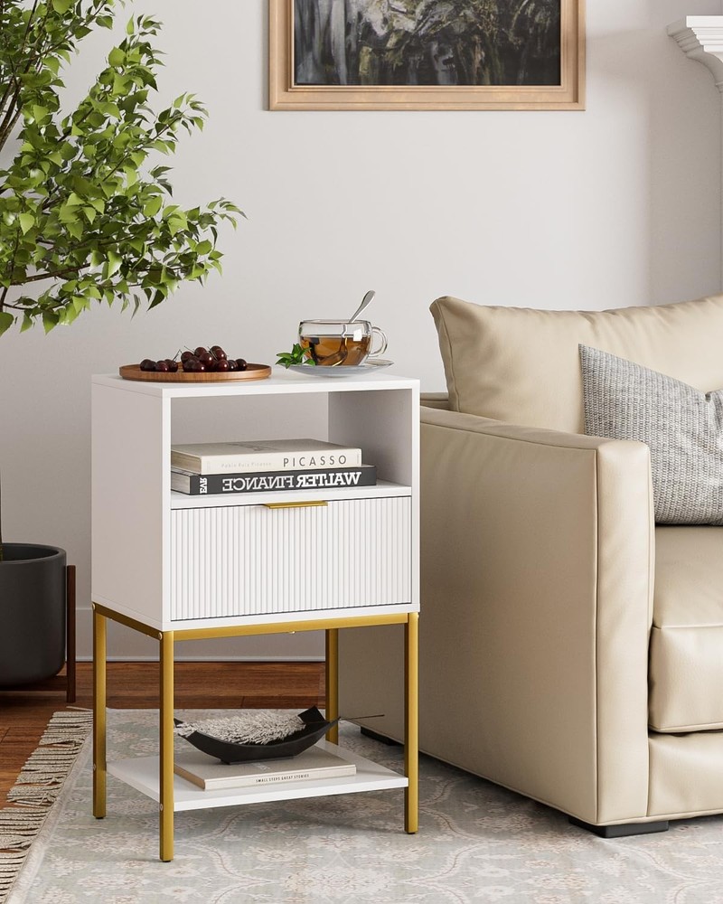 Nightstand Modern Bedside Table W/ Gold Frame 25.51''H End Table,White Night