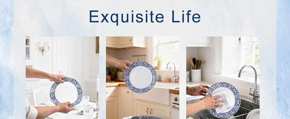 Blue Plastic Plates Set - Floral Blue & White Porcelain Design,