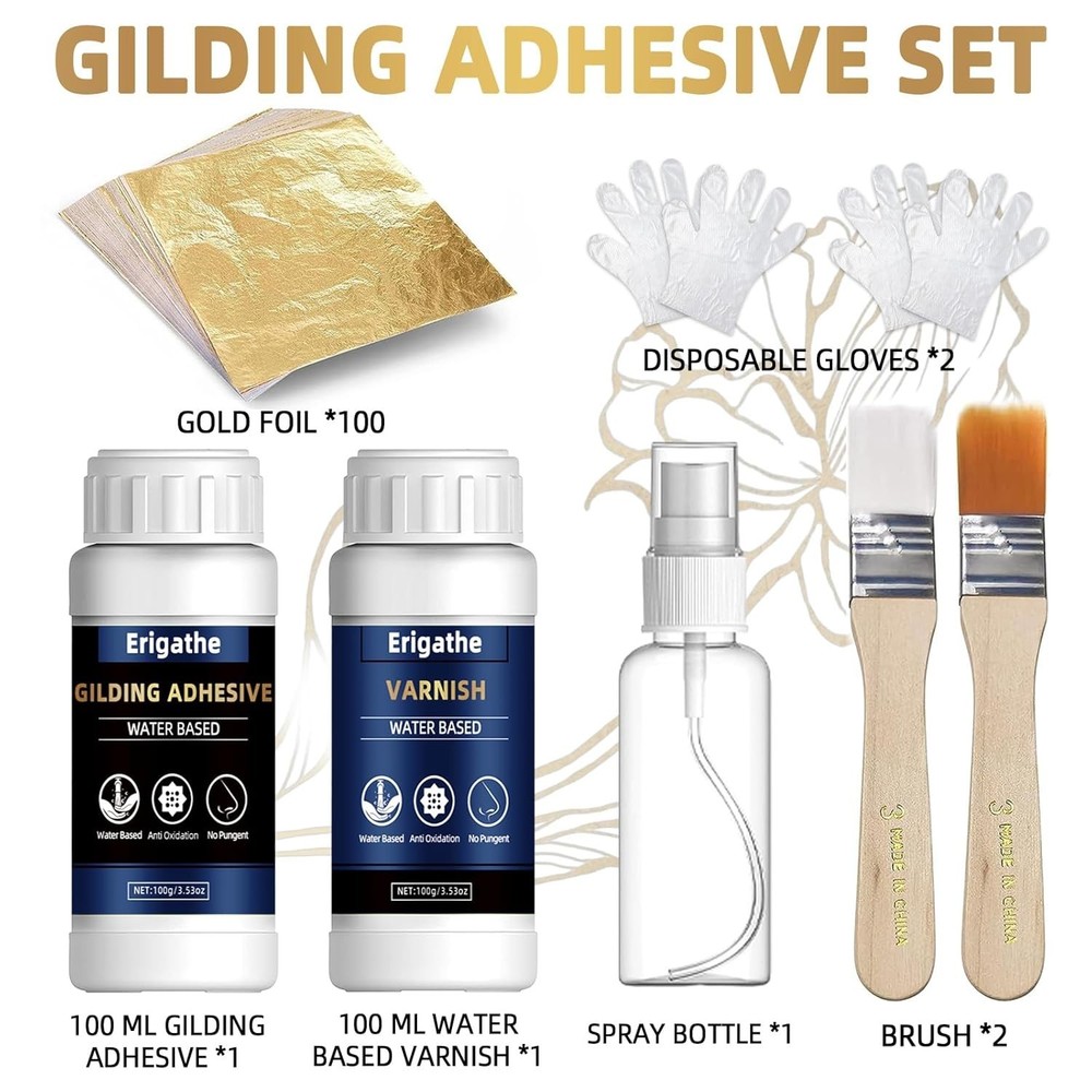 Gold Leaf Kit, Gilding Adhesive Set, 100Ml Water Based Adhesive and 100Ml