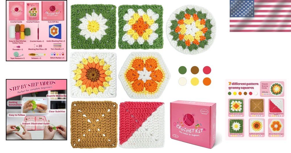 Crochet Kit for Advanced Beginners with Step-by-Step Video Tutorials, Granny Squ
