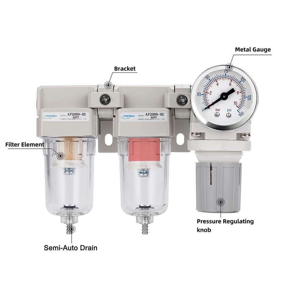 Coalescing Filter Regulator Set - 1/4" NPT, Semi-Auto Drain
