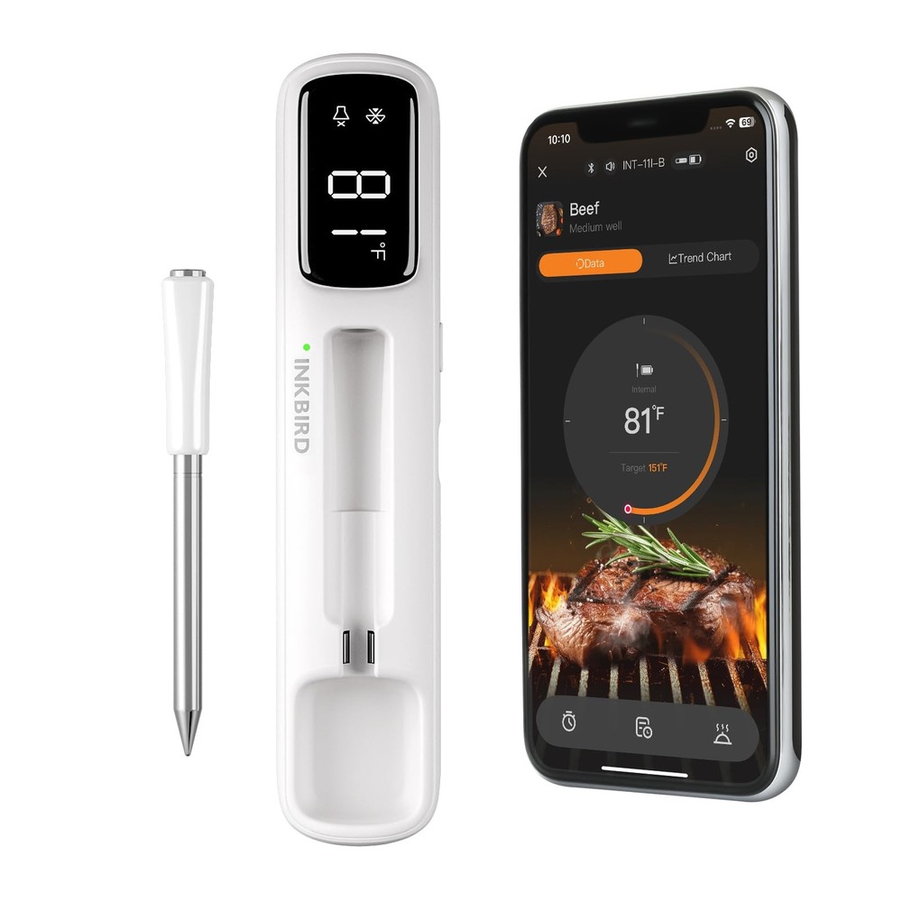 Wireless Meat Thermometer - Bluetooth 1000ft Range, Waterproof, Ideal for BBQ