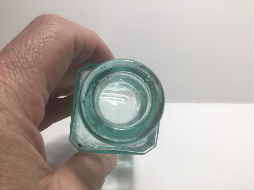 Small Square Antique Aqua Tavu Boot Polish Bottle.