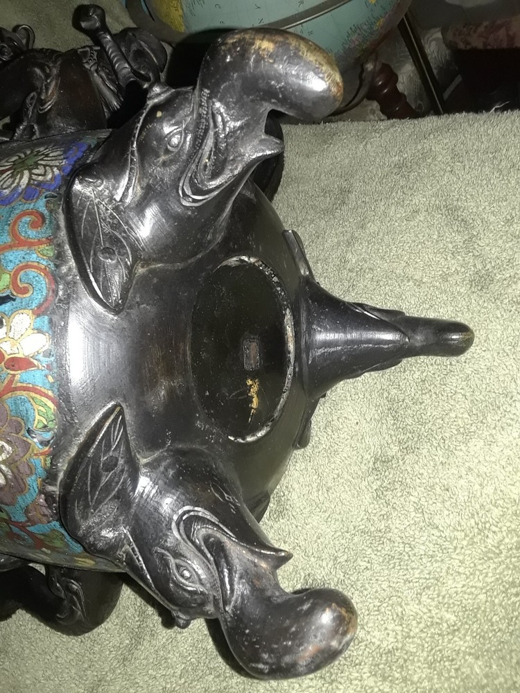 OLD CHINESE CLOISONNE 16" COVERED INCENSE/CENSOR◇7 FIGURAL ELEPHANTS◇MARKED◇A+