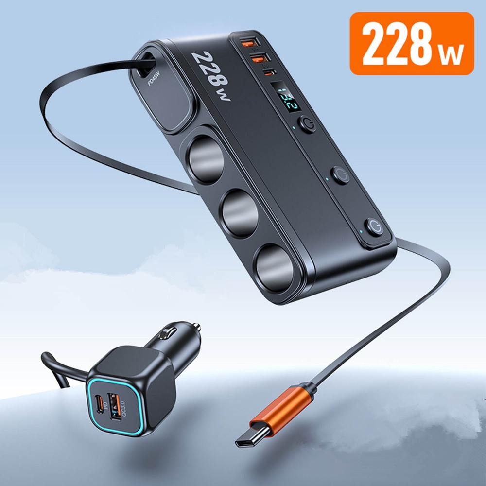 Multi Function Car Charger 9-in-1 with 3 Cigarette Lighter Sockets 6 USB 228W