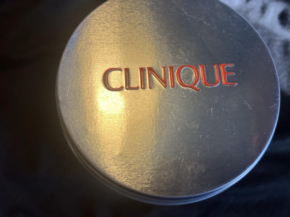 CLINIQUE Empty Tin Can Container w/ Red + White Peppermint Candy Design Storage