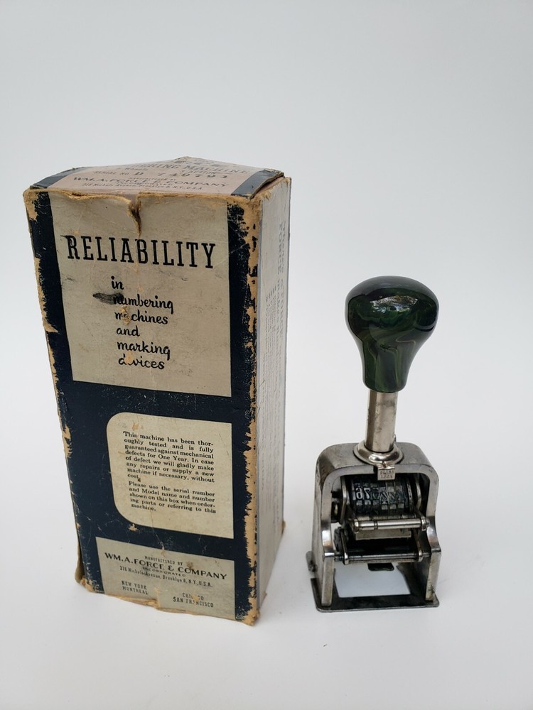 Vintage Force Automatic Numberer Model 150 Stamp Numbering Machine w Wheels Box