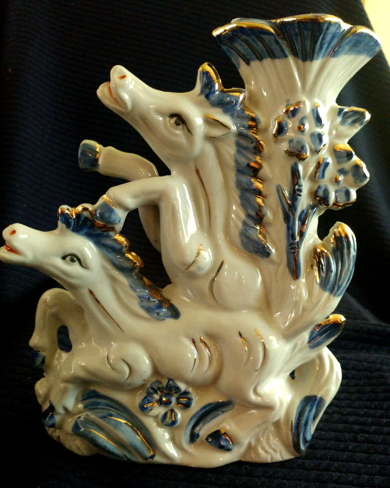 HORSES VASEWHITE BLUE AND GOLD 1950'S
