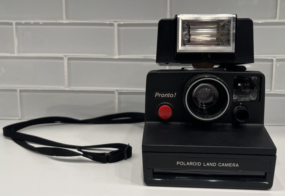 Vintage Polaroid Pronto Land Camera w/Strap + ITT MagicFlash - UNTESTED