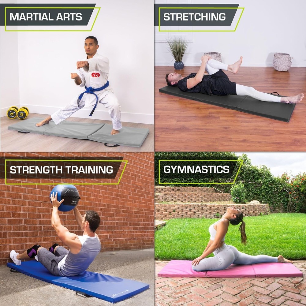 ProSource Grey Tri-Fold Exercise Mat - 72”x24” with Carrying Handles for Gym Use