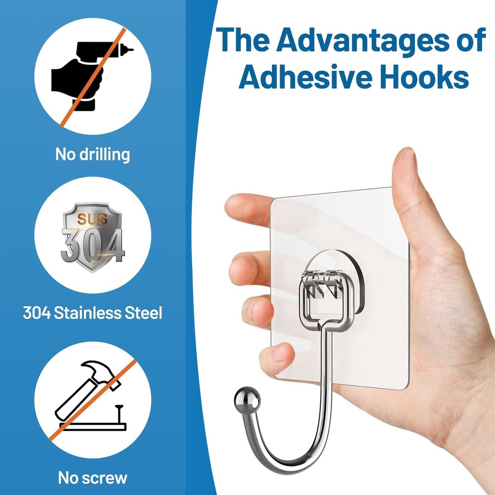 Adhesive Hooks Heavy Duty 44lb(max), Rustproof Adhesive Hooks for Hanging Bag...
