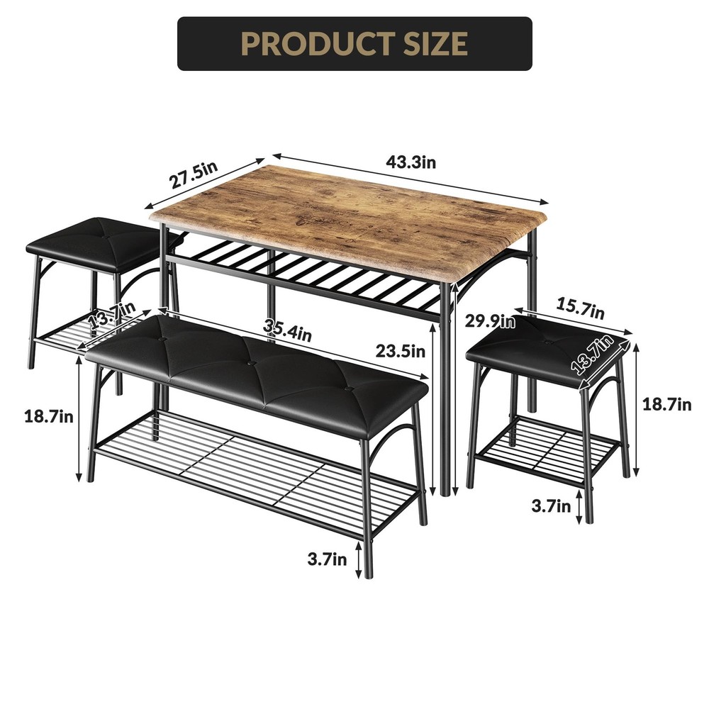 4pcs Dining Set for Small Spaces Kitchen Table w/ Upholstered Bench & 2 Stools