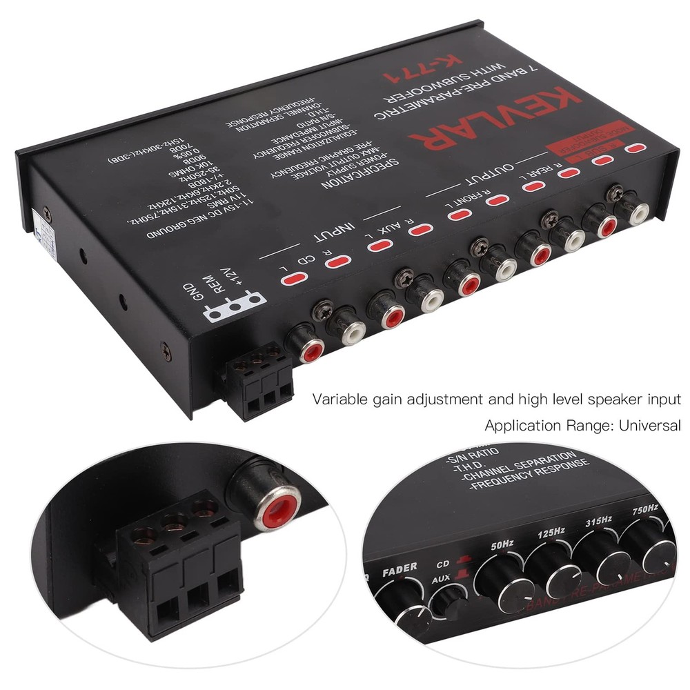 Car Audio Equalizer, Low Pass 7 Band Car Graphic Equalizer High Level Input EQ w