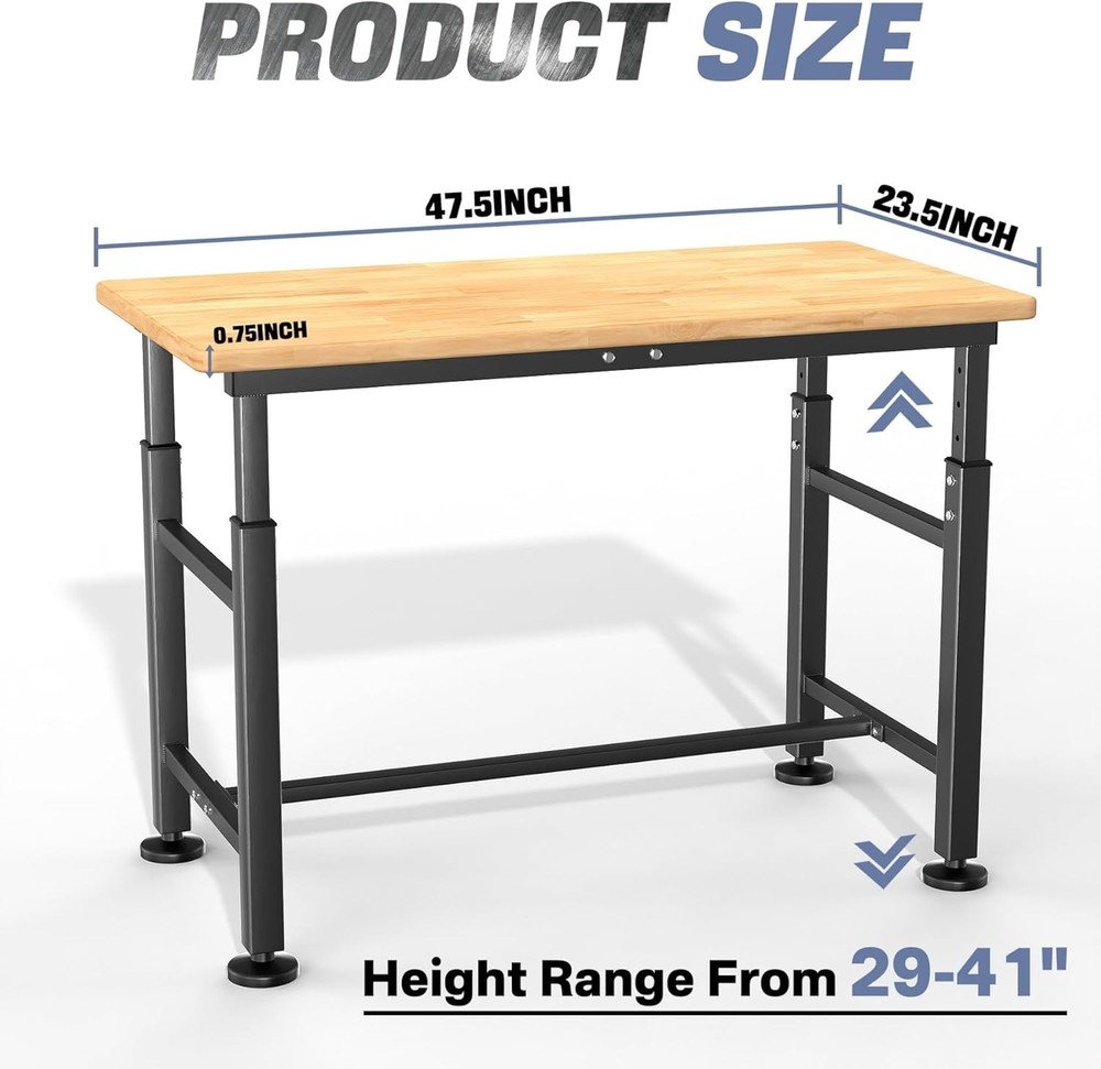 2000 lbs Capacity Rubber Wood Worktable, Adjustable Height for Versatile Use