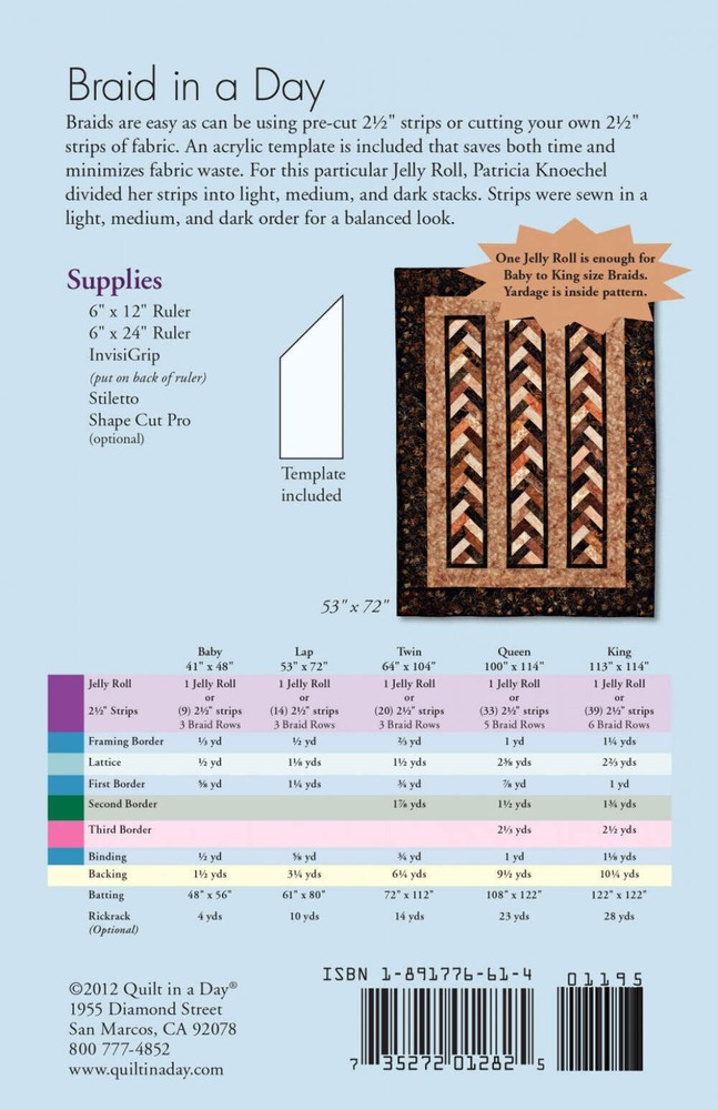 Braid In A Day Pattern, Quilt in a Day, Eleanor Burns, w/ Acrylic Template, EASY