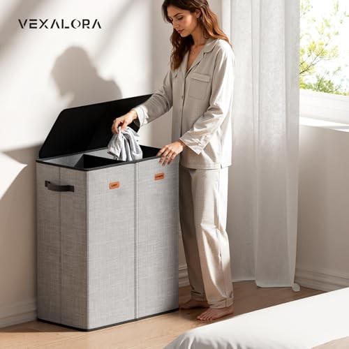 150L Double Laundry Hamper With Lid, Large Clothes 150L - 2 Section Grey