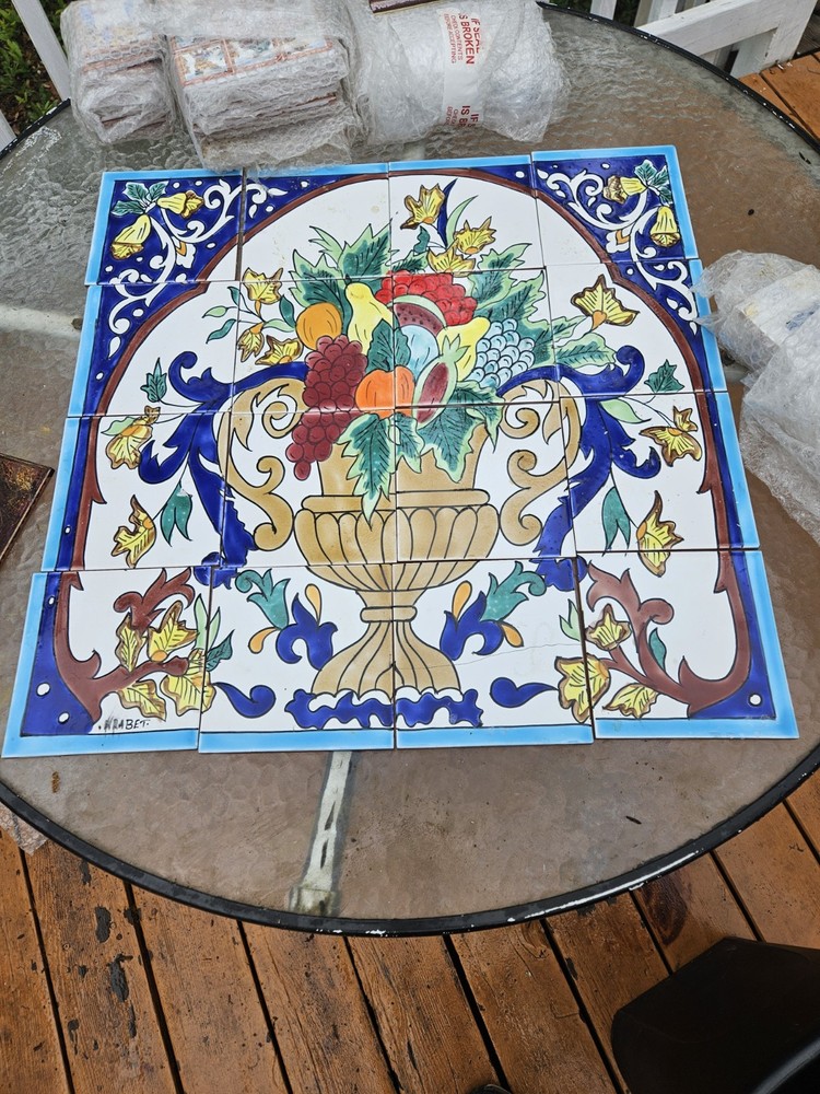 HABET Hand Painted Ceramic Art Tile Glazed Multicolor Botanical Fruit Square