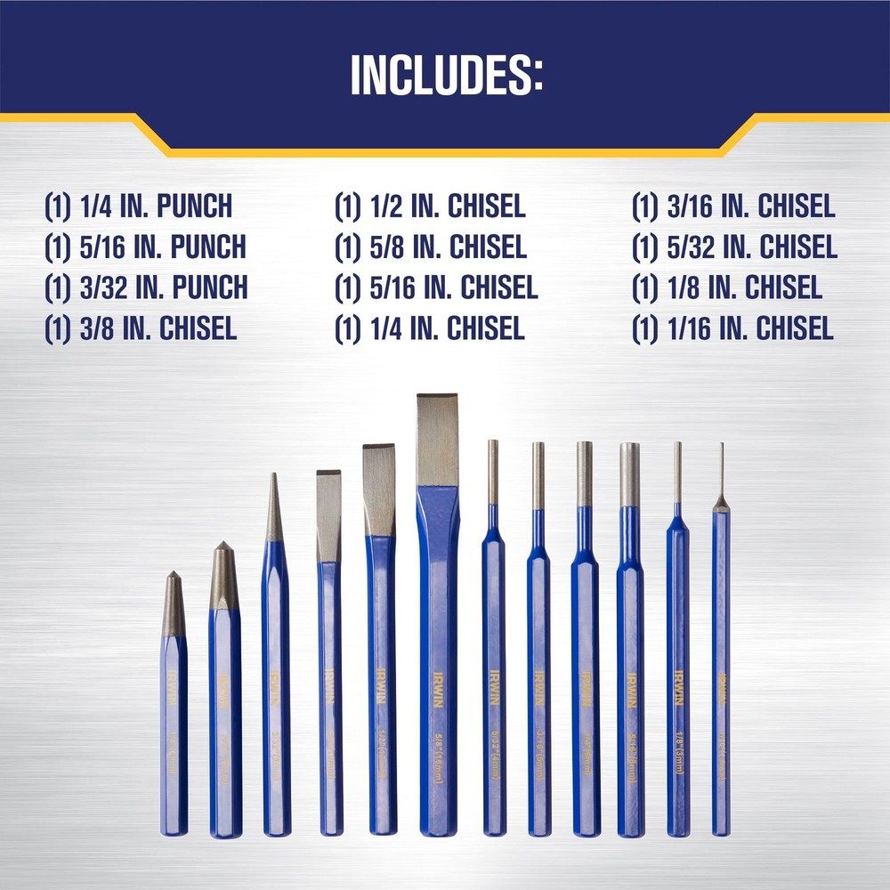 IRWIN Chisel Set, and Punch, 12-Pack with Various Sizes, Tempered Blue