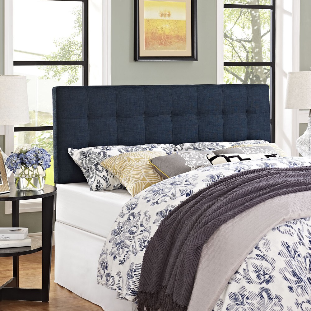 Modway Tufted Upholstered Fabric Square Queen Size Headboard in Navy