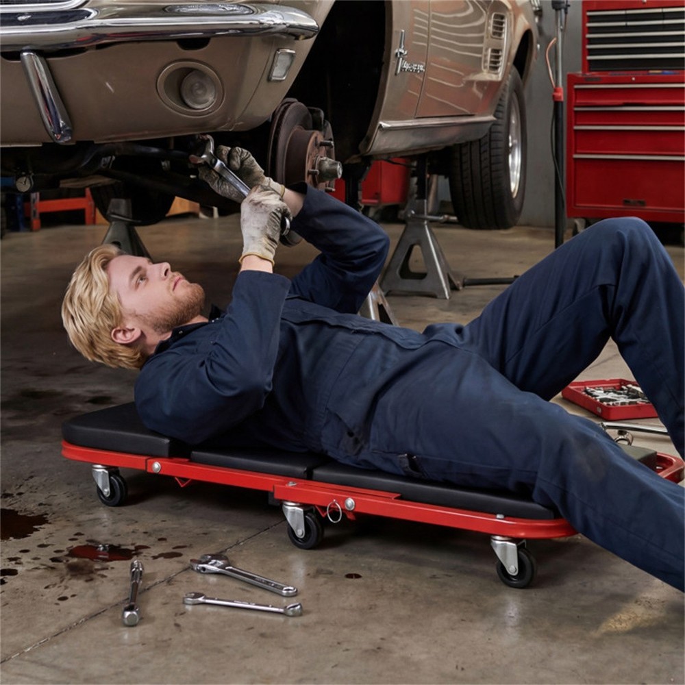 Foldable Mechanic Creeper Stool w/6 Wheels & Cushion - Garage Workspace