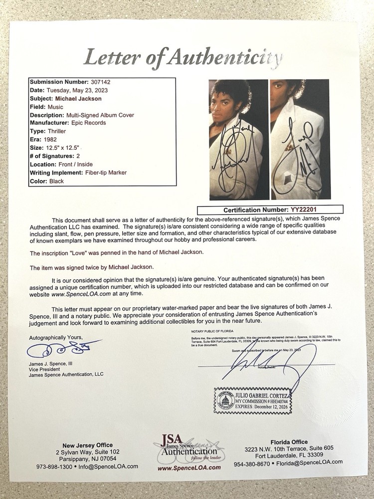 MICHAEL JACKSON signed THRILLER Album DOUBLE SIGNATURES w/ Inscript - JSA Letter